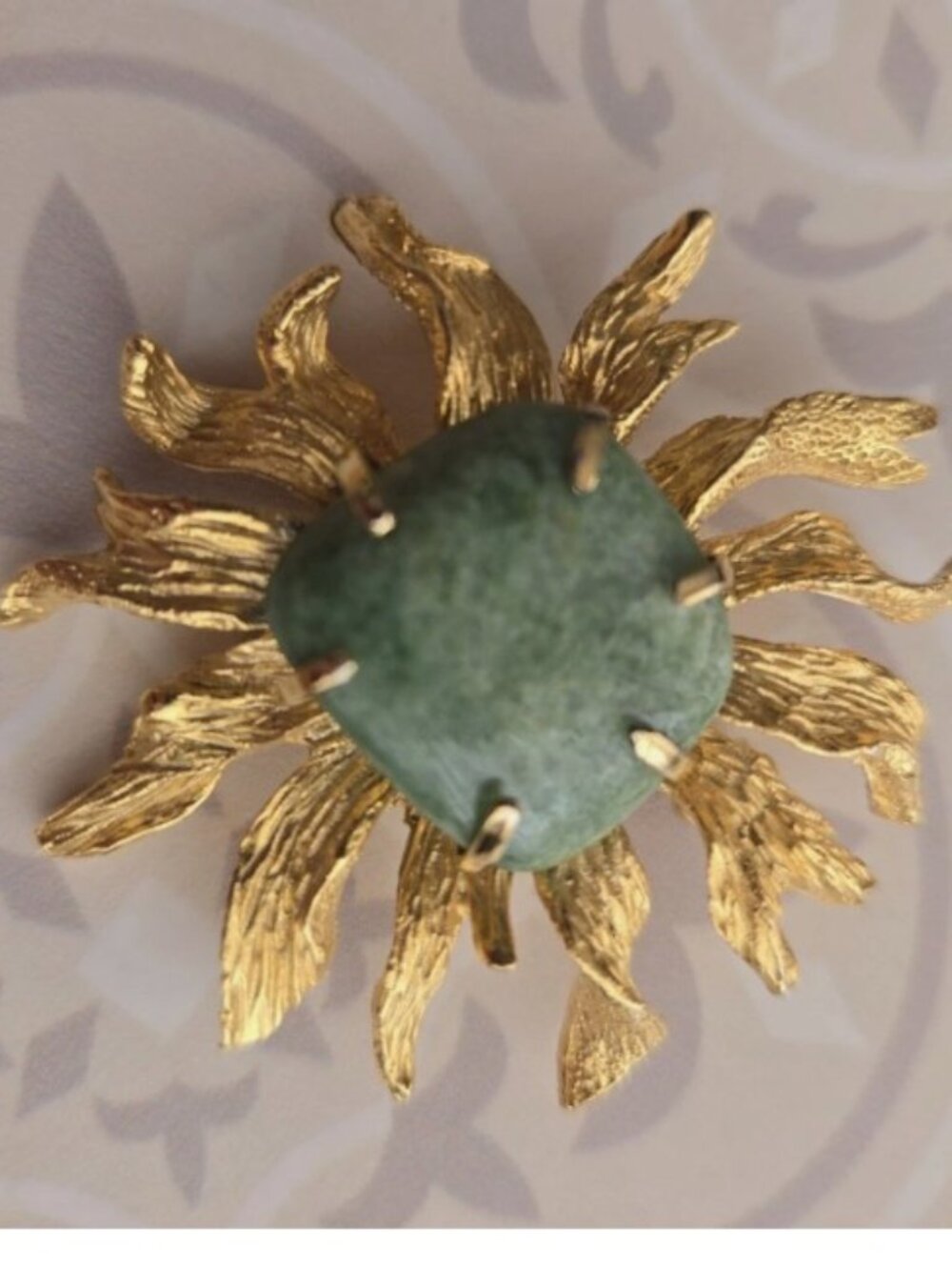 Vintage B.S.K. brooch pin signed Cartouche Jade Style Nugget Gold tone Flower